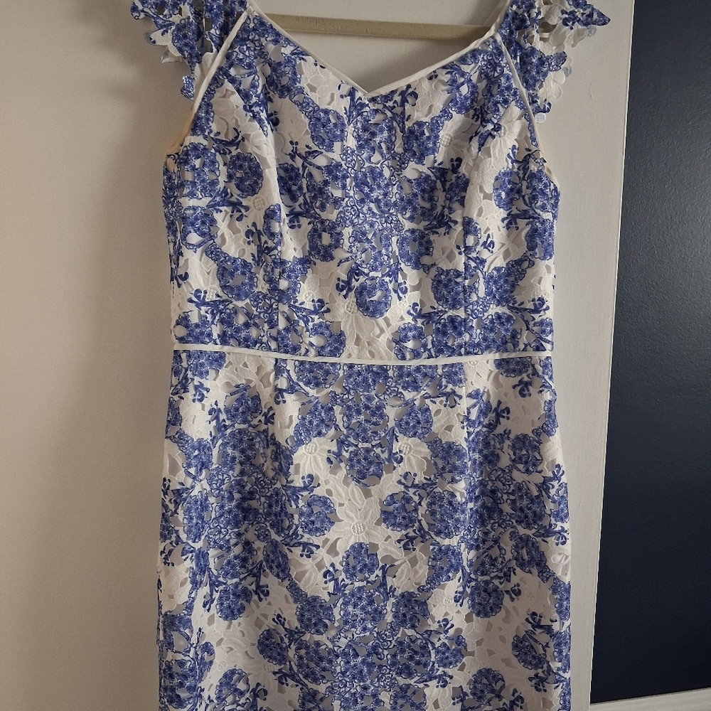 White House Black Market Blue & White Floral Lace Midi Dress